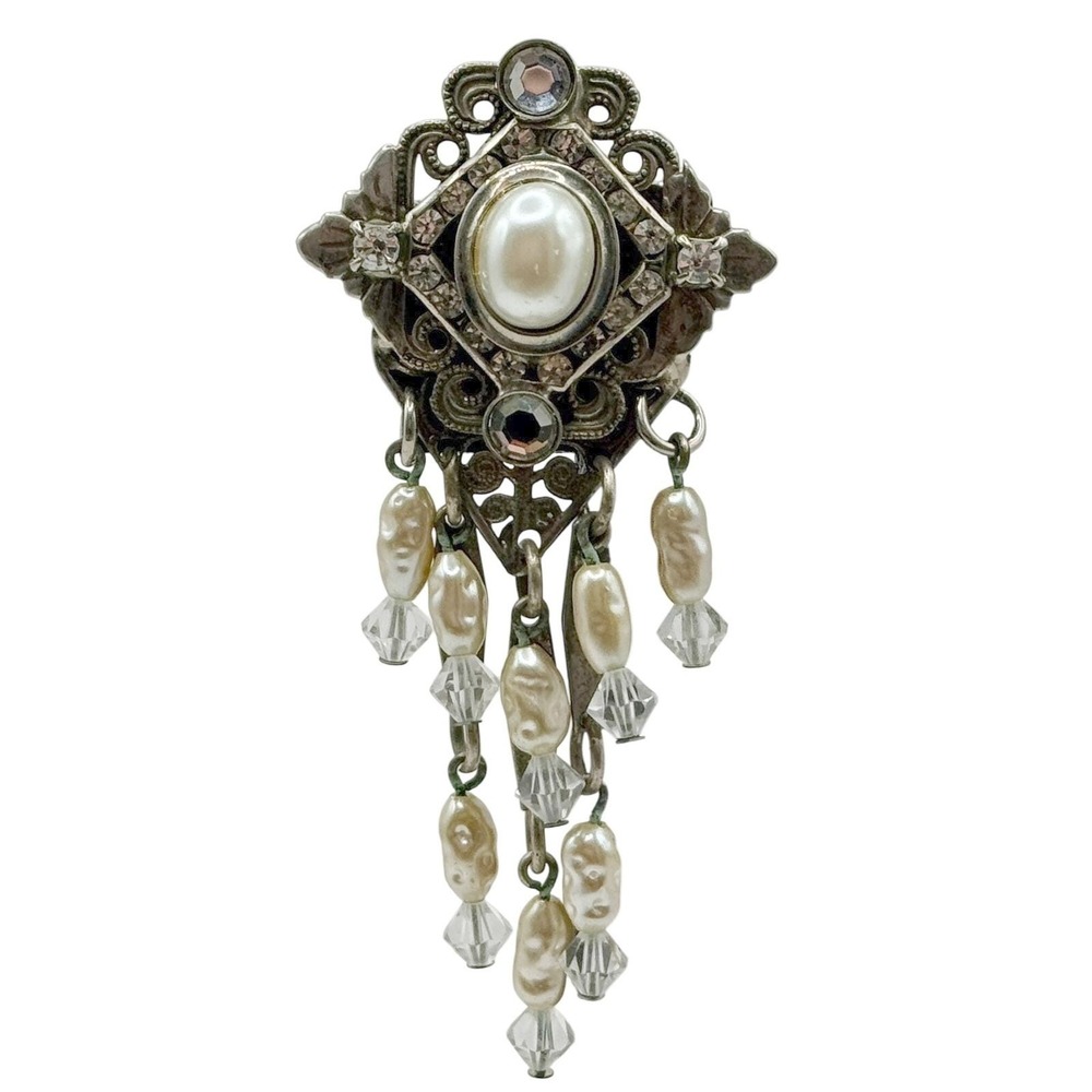 Sorrelli Vintage crystal pearl Dangle Brooch Pin Silver Tone Elegant Chandelier